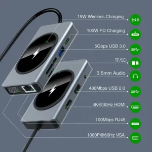 USB-C Hub 10 in 1 mit Wireless Charging Funktion